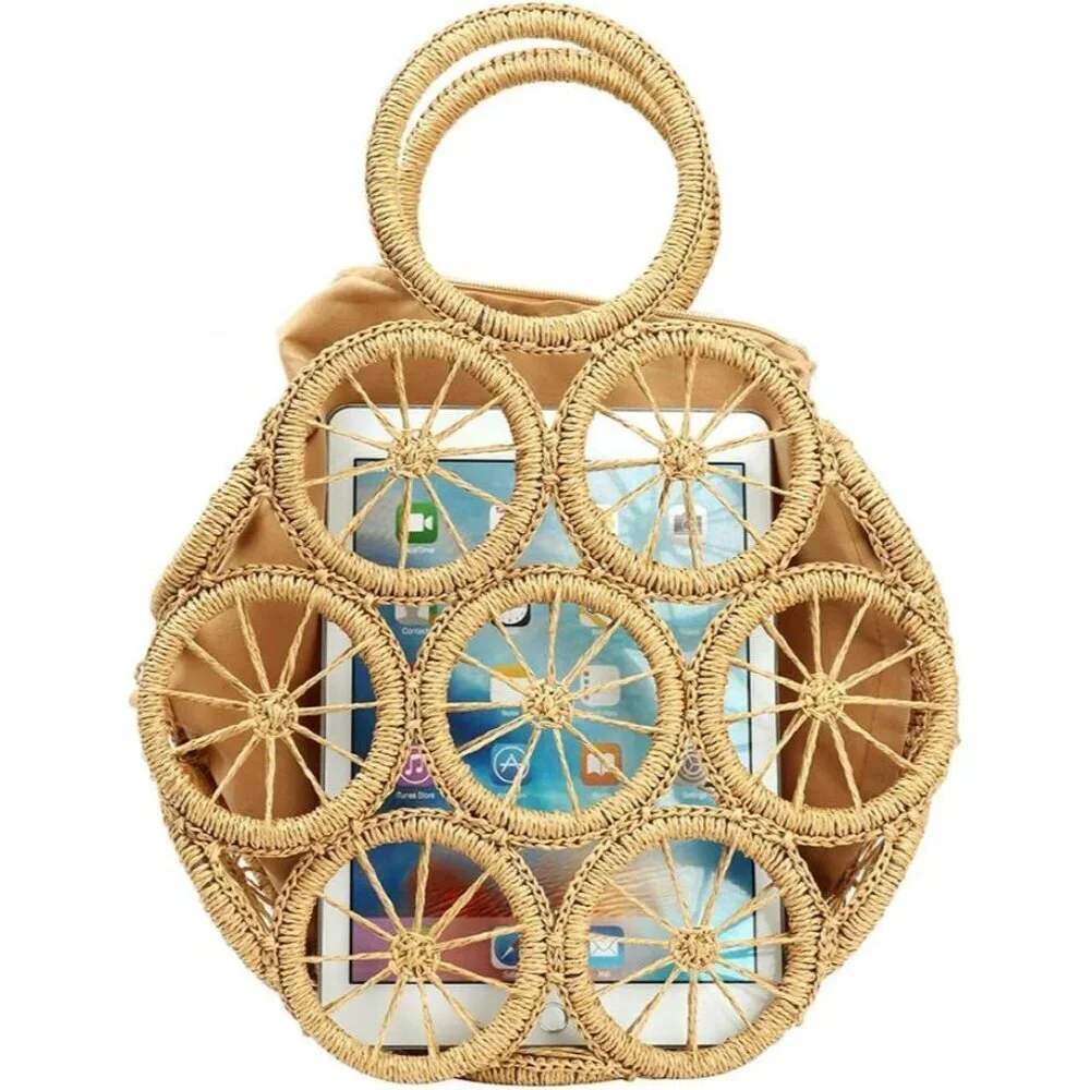 Women Straw Shoulder Bag Large Capacity Beach Tote Lemon Pattern Cotton Polyeste